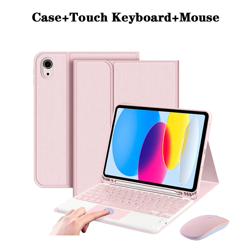 Una funda rosa que sostiene una tableta, junto a un teclado y mouse Bluetooth desmontables.