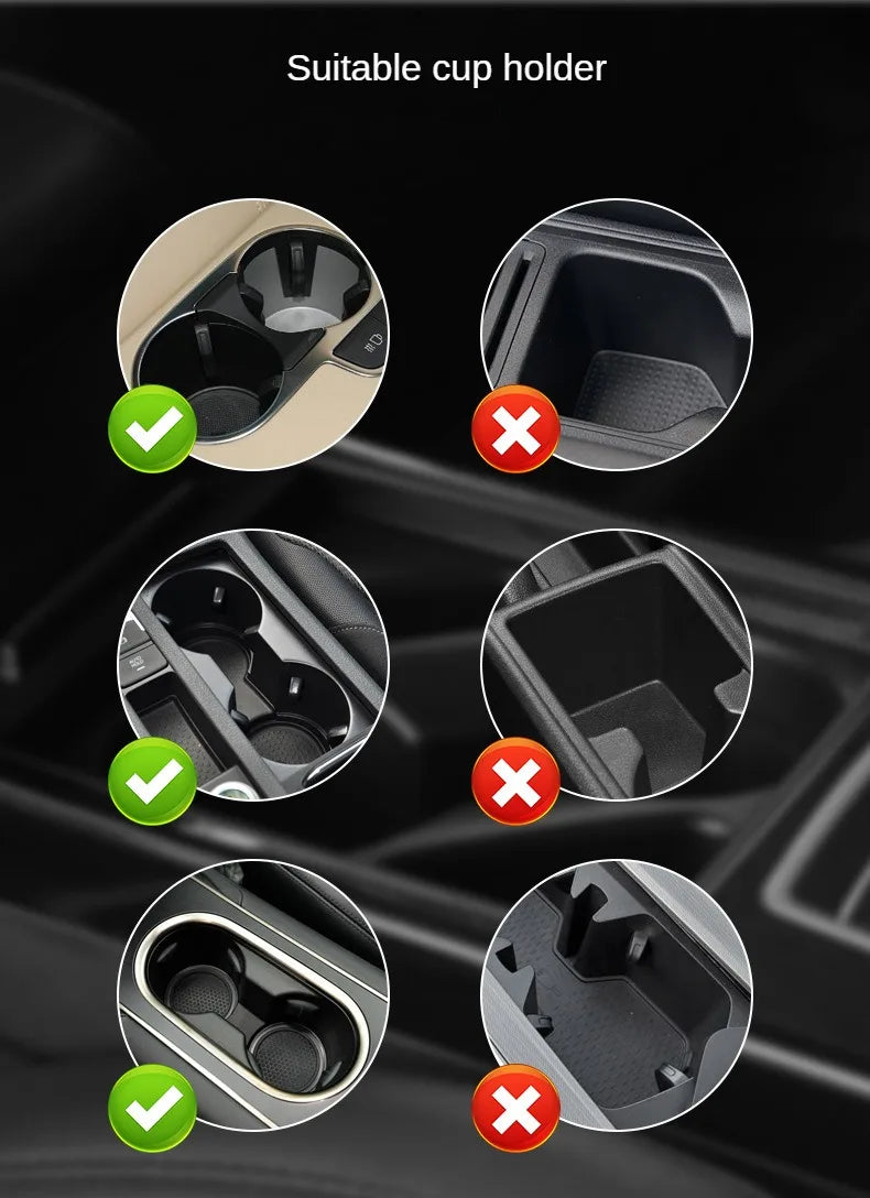 Various views of a suitable cup holder mount for phones and cups, showing different angles and compatibility.