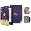 A dark purple leather case for a Kindle Paperwhite, shown with an open screen and a hand holding the case.