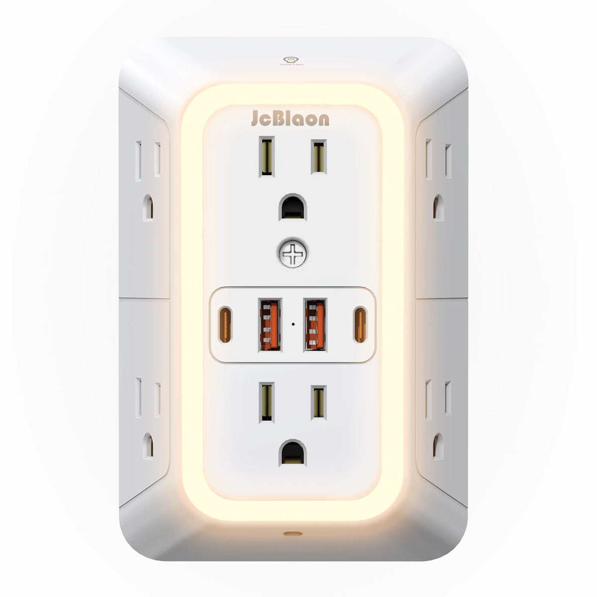 A white power strip with a glowing light frame and multiple outlets, including USB charging ports.