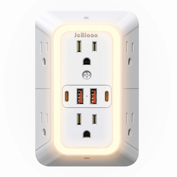 A white power strip with a glowing light frame and multiple outlets, including USB charging ports.