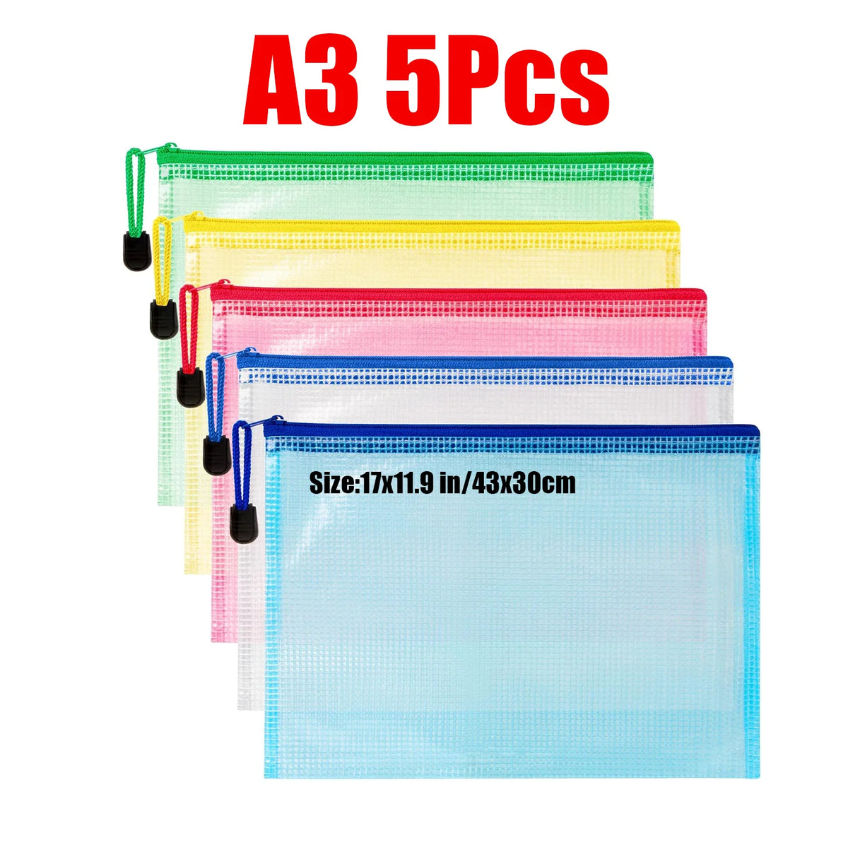 Cinco bolsas organizadoras de documentos transparentes con cremallera en varios colores como verde, amarillo, rosa y azul.