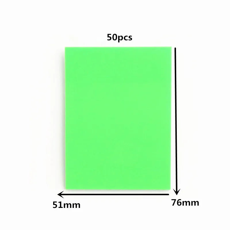 A sheet of bright lime green sticky note memo pad, measuring 51mm by 76mm.