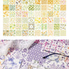A collection of vintage floral square scrapbook paper sheets featuring purple, green, and yellow tones on a patterned backgro