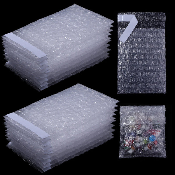 A bulk pack of clear self-sealing bubble foam mailers, shown in stacked and individual views.