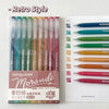 A set of nine Morandi retro style gel pens in various colors displayed next to their packaging.