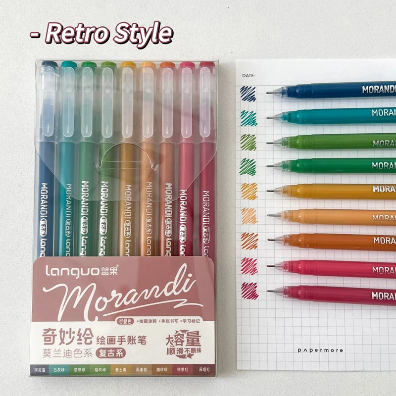 A set of nine Morandi retro style gel pens in various colors displayed next to their packaging.