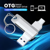 A white metal OTG flash drive with a Type-C connector is shown, demonstrating data transfer between a phone and a PC.