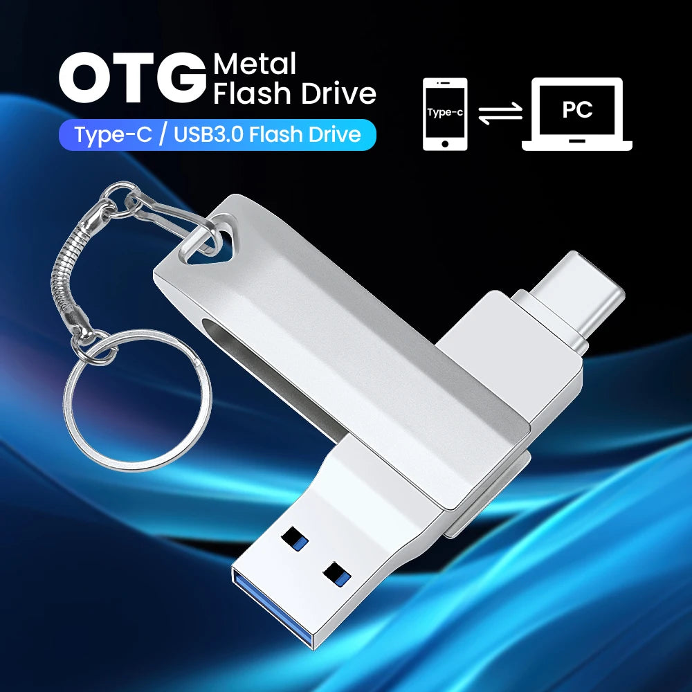 A white metal OTG flash drive with a Type-C connector is shown, demonstrating data transfer between a phone and a PC.
