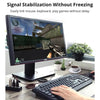 A hand is using a keyboard in front of a computer monitor, demonstrating signal stabilization for gaming.