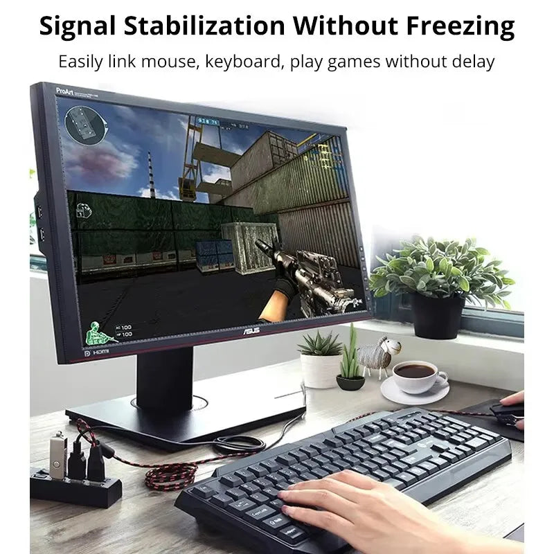 A hand is using a keyboard in front of a computer monitor, demonstrating signal stabilization for gaming.