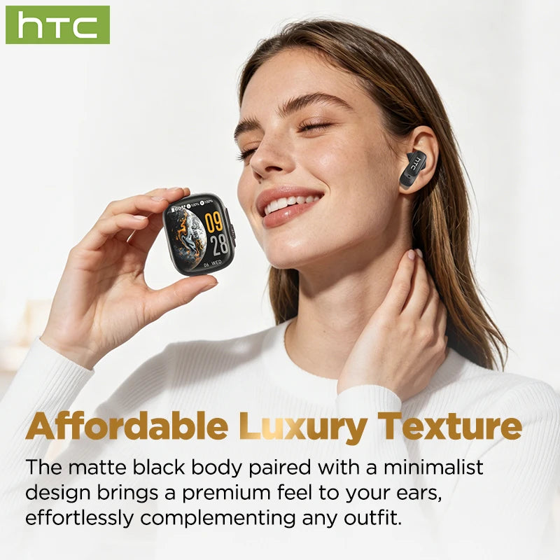 A woman is holding an AI-powered translator earbud and looking pleased, demonstrating the product's design.