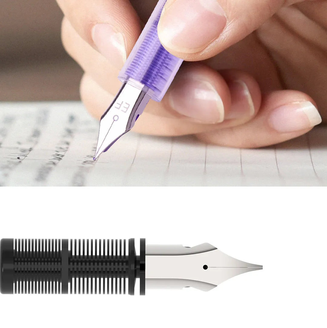 A hand is holding a purple fine point fountain pen writing on paper, with the pen shown separately below.