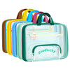A collection of colorful transparent mesh file bags with double zippers displayed in a row.