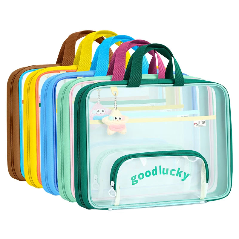A collection of colorful transparent mesh file bags with double zippers displayed in a row.