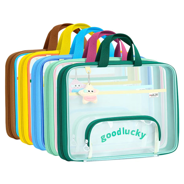 A collection of colorful transparent mesh file bags with double zippers displayed in a row.