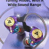 A pair of QKZ-AK3 professional in-ear earphones with purple and gold accents shown against a light purple background.
