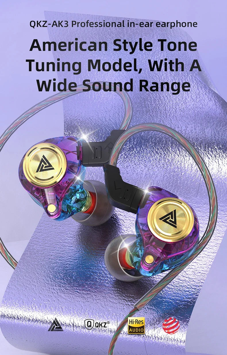 A pair of QKZ-AK3 professional in-ear earphones with purple and gold accents shown against a light purple background.