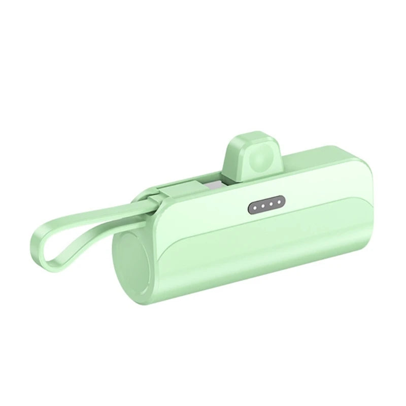 A light green portable power bank shell with a hinged lid and a small silver button.