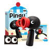 A black Pingu penguin handheld fan with a red rotating head is shown next to its packaging box.