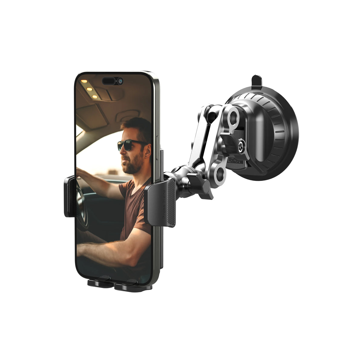 A smartphone is mounted on an articulating suction cup car phone mount with a clamp and arm.