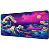 A vibrant, stylized illustration of a purple and pink ocean wave crashing against a dark background with celestial elements.