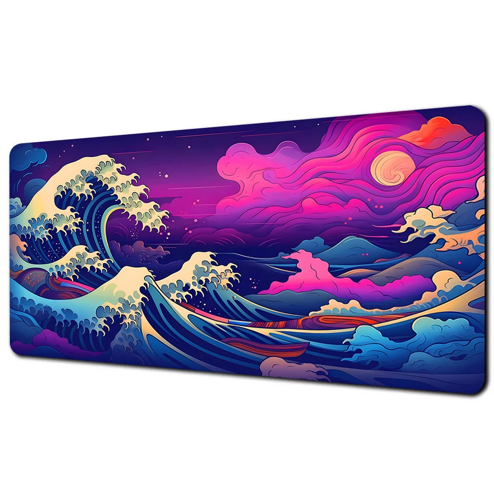 A vibrant, stylized illustration of a purple and pink ocean wave crashing against a dark background with celestial elements.