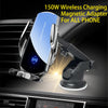 A 150W wireless magnetic adapter for charging phones is shown mounted in a car interior.