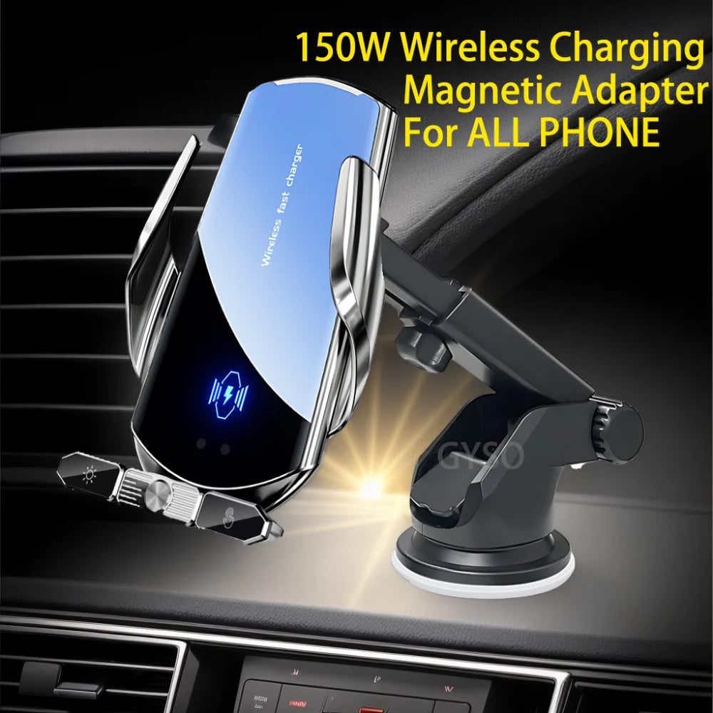 A 150W wireless magnetic adapter for charging phones is shown mounted in a car interior.