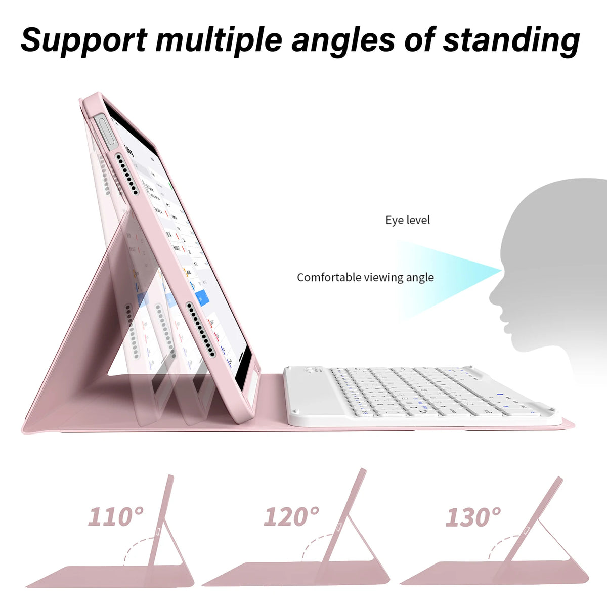 Pinker Ständer für ein iPad, der Unterstützung für verschiedene Betrachtungswinkel demonstriert.