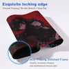 A close-up view of a dark red and black gaming mouse pad featuring an exquisite locking edge designed to prevent fraying.