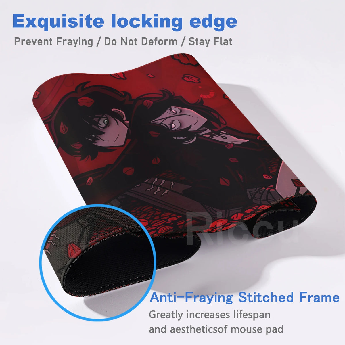 A close-up view of a dark red and black gaming mouse pad featuring an exquisite locking edge designed to prevent fraying.