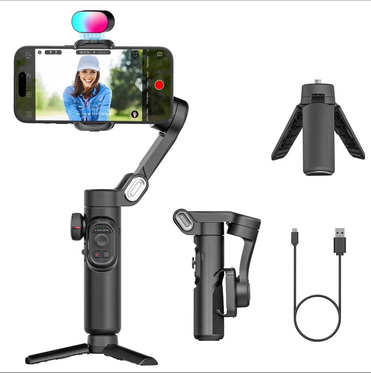 A black 3-axis gimbal stabilizer is shown with a smartphone mounted, along with separate components and accessories.