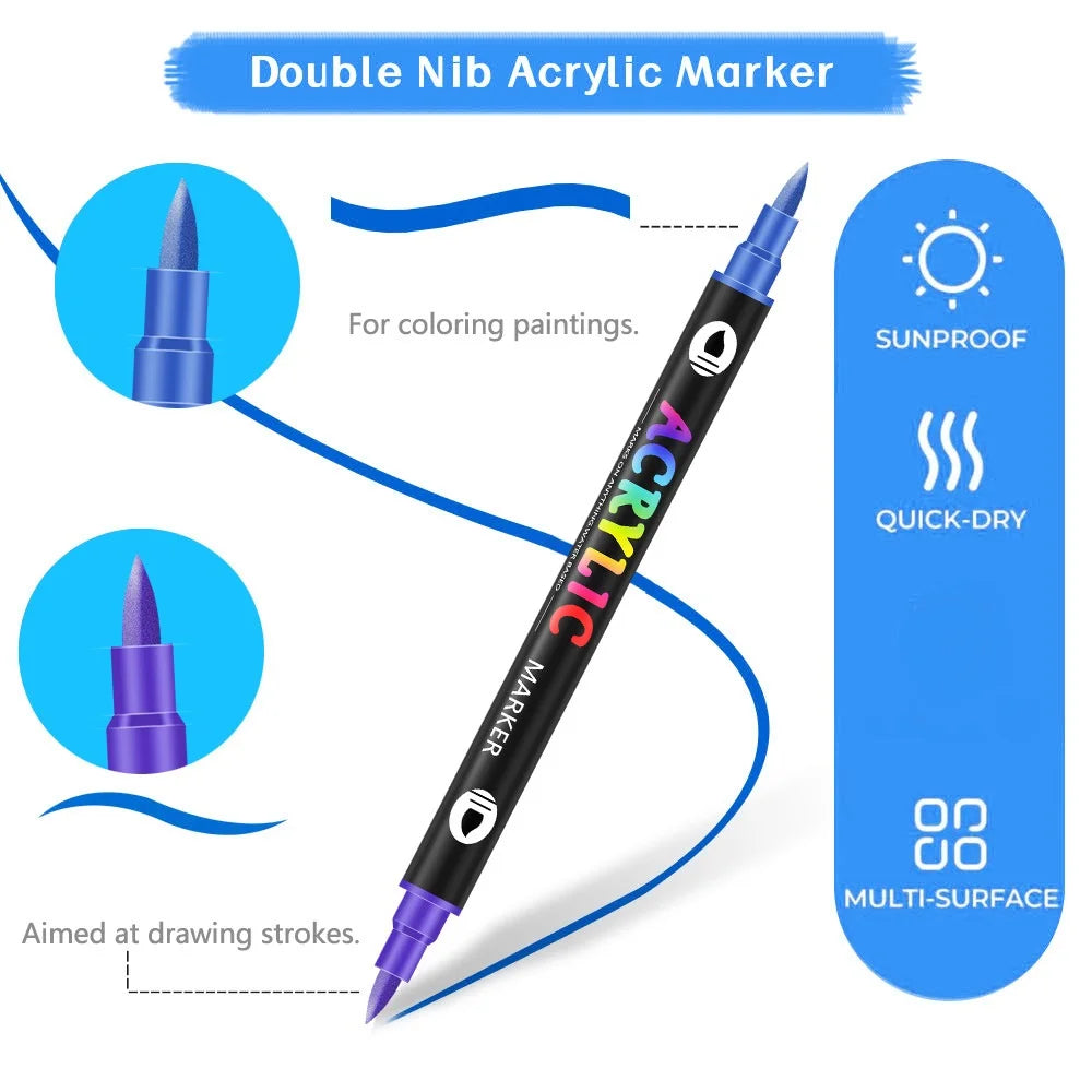 A black double nib acrylic marker is shown with a blue tip, designed for coloring paintings and drawing strokes.