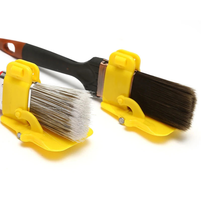 A yellow precision corner paint brush with a black handle and a dark bristles is shown.
