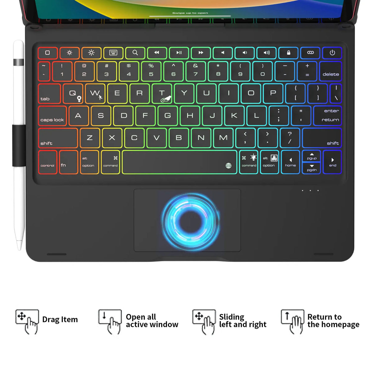 Nahaufnahme eines hintergrundbeleuchteten Tastaturschalens mit Trackpad für ein iPad, die verschiedene Tasten und einen zentr