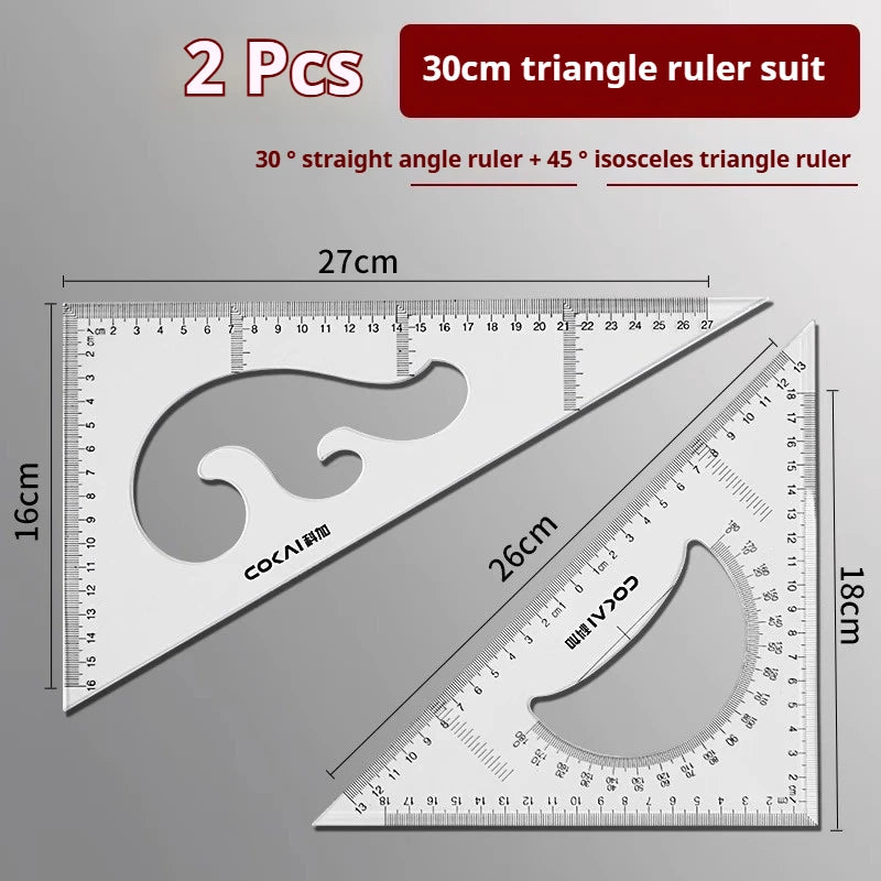 Two pieces of a 30cm triangle ruler set including a 30 degree straight angle ruler and a 45 degree isosceles triangle ruler