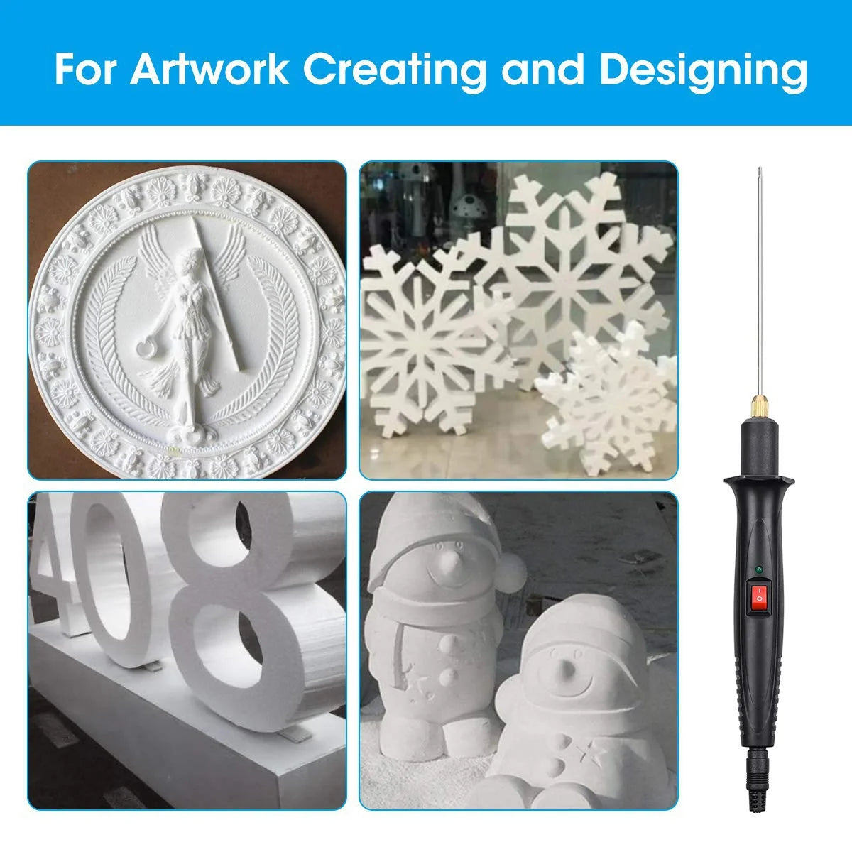 A set of three white foam cutting tools including a snowflake, a snowman, and a round decorative piece.