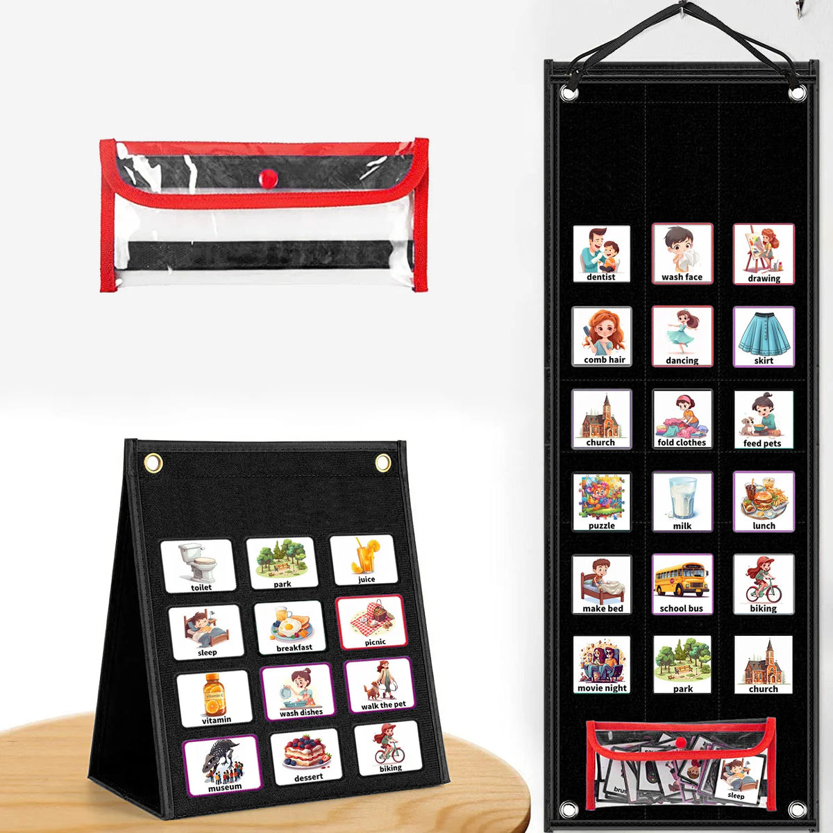 A set of visual schedule cards for daily routines featuring various activities like dentist, washing face, drawing, and schoo