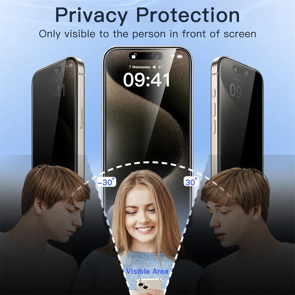 A close-up view of a phone screen protector film demonstrating privacy protection from different angles.
