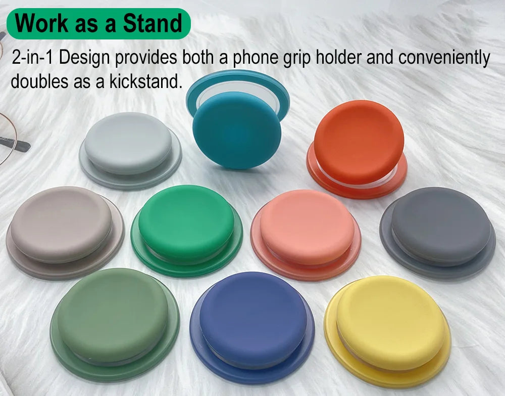 A set of round silicone grips designed as a phone grip holder and kickstand in various colors.