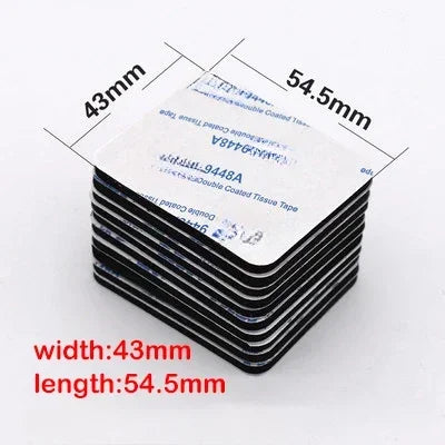 A stack of heavy duty double-sided foam mounting tape with dimensions 43mm wide by 54.5mm long