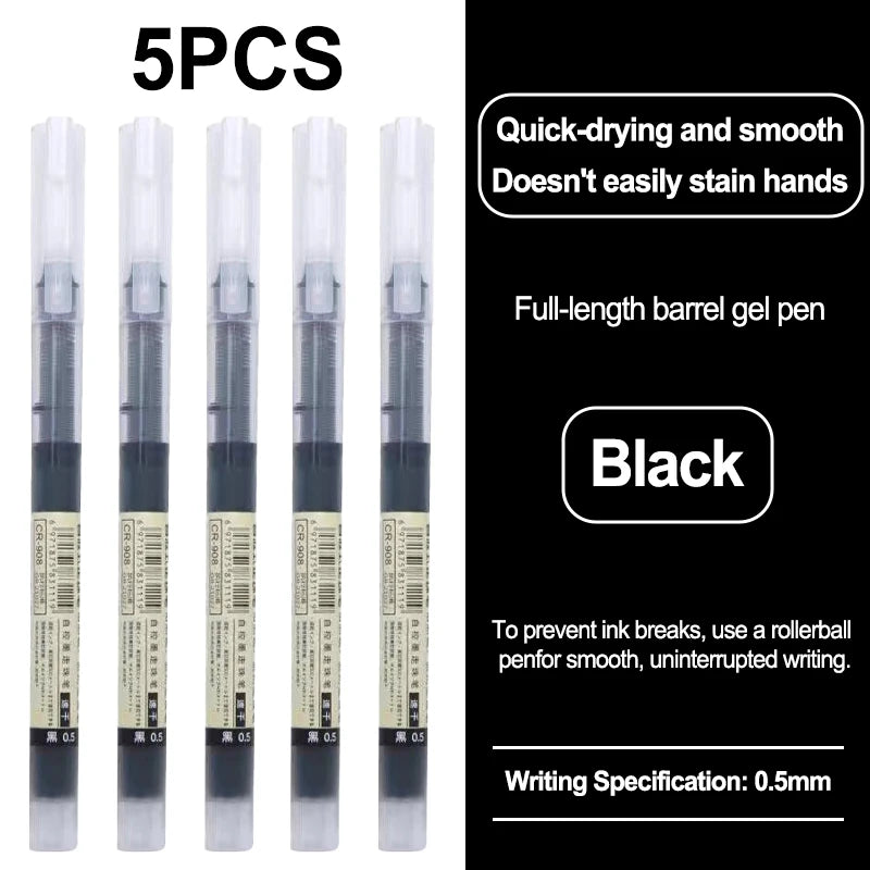 Five black full-length gel pens with 0.5mm writing specification