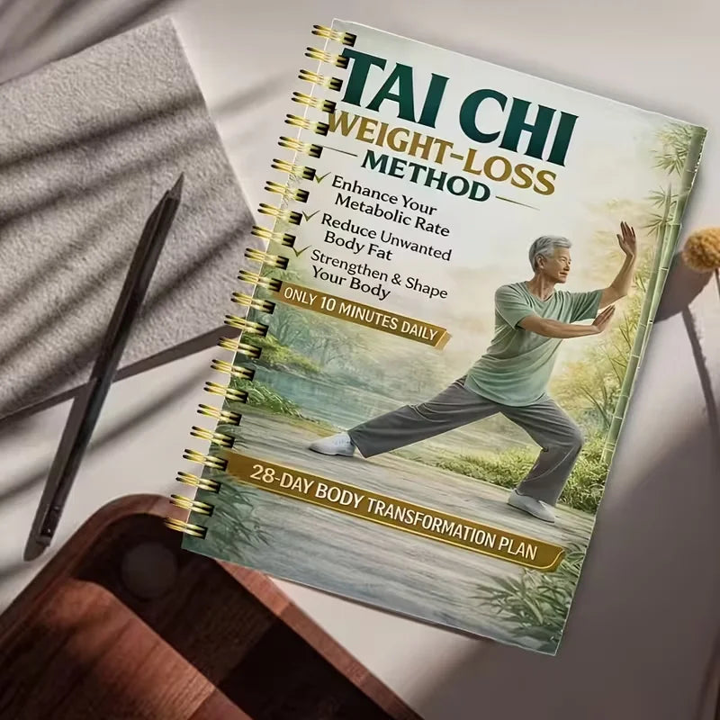 A spiral-bound manual titled Tai Chi Weight-Loss Method for a 28-day body transformation plan is shown on a wooden surface.