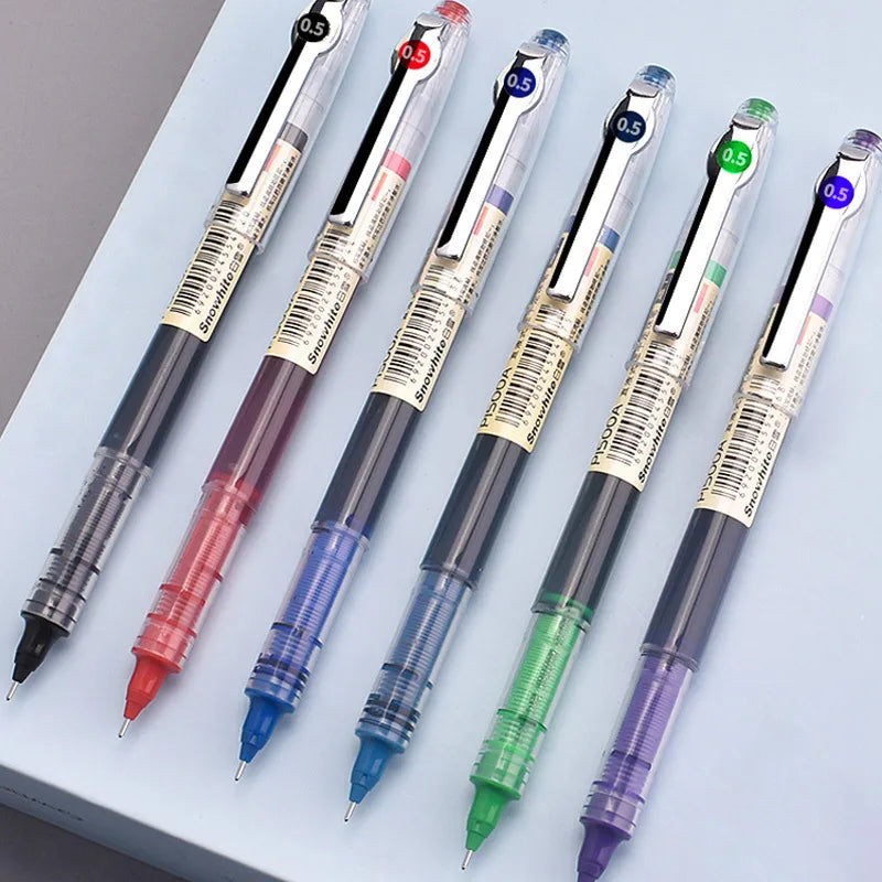A set of six precision rollerball gel pens in various colors including purple, blue, green, and pink, displayed on a white su