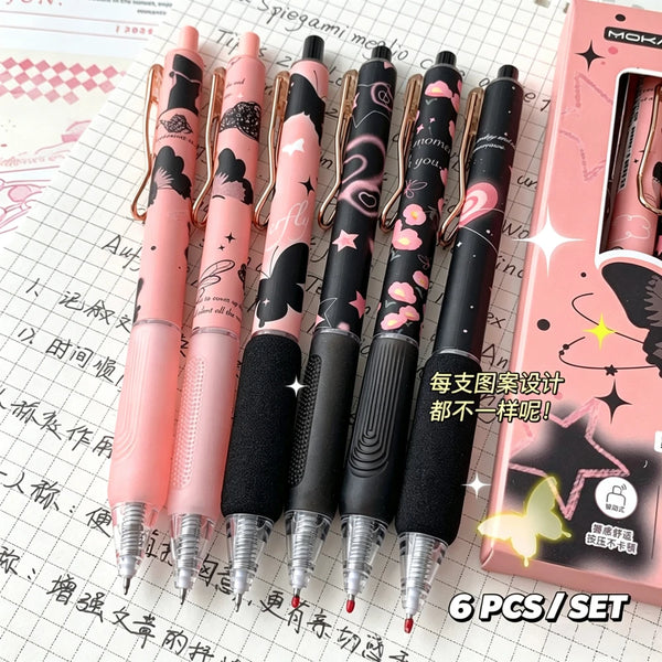 A set of six pink and black gel pens featuring a butterfly design on the body, displayed on graph paper.