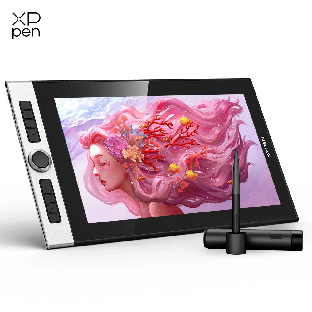 A digital drawing tablet with a black screen protector and a stylus resting beside it.