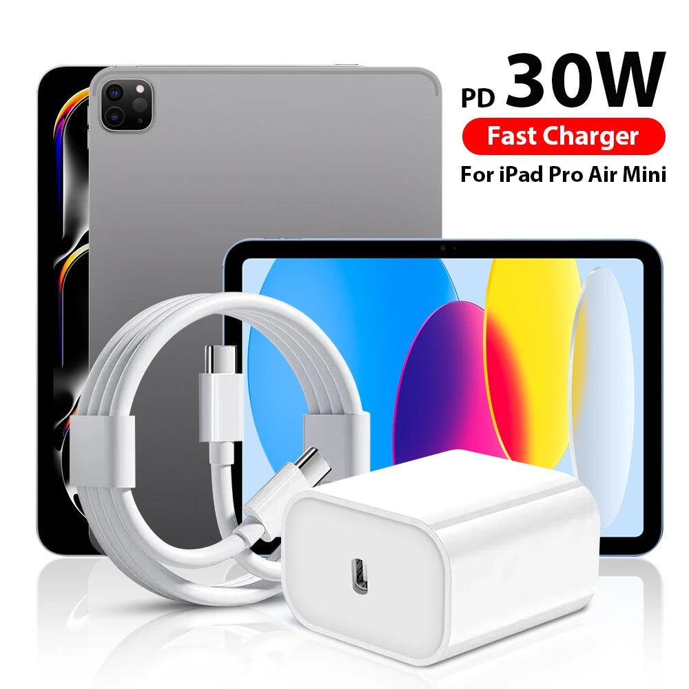 A white 30W USB-C fast charger cable and adapter shown next to an iPad Pro Air Mini.