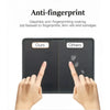 Hands touch a matte screen protector showing fingerprint resistance with Ours and Others sections.