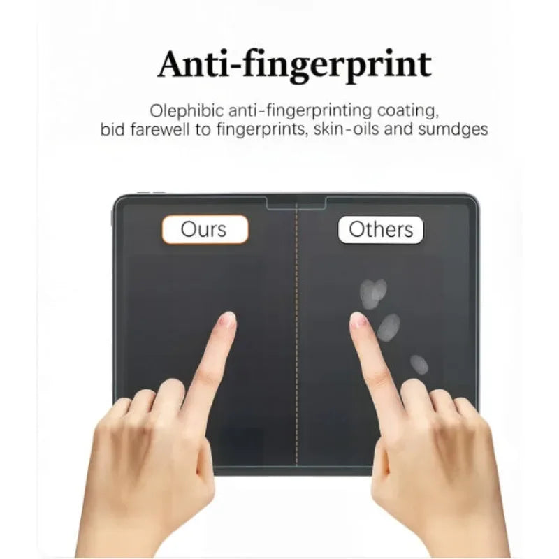 Hands touch a matte screen protector showing fingerprint resistance with Ours and Others sections.